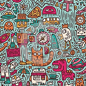 Alien`s morning doodle vector seamless pattern