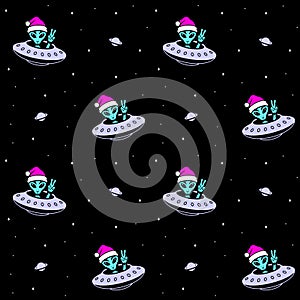 ALIEN IN SANTA HAT SEAMLESS PATTERN COLOR