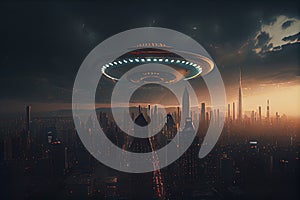 An alien saucer hovering over the city. UFO, alien invasion, unidentified flying object, visitors from space. The concept of space