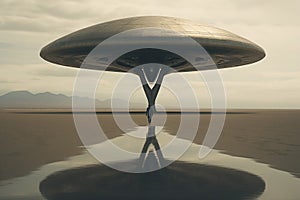 An alien saucer hovering in the sky. Unidentified flying object. alien invasion. By generative Ai