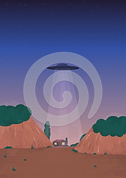 Alien ship arrival. UFO on the horizon, over the house. Cartoon style illustration.