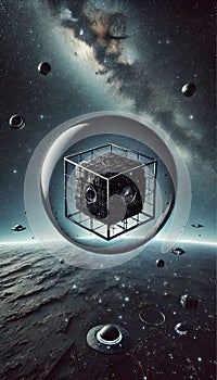 Alien ship with a cube inside a sphere conceptual image of alien invasion of planet earth
