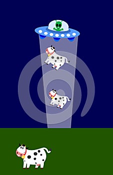 Alien ship kidnapping dairy cow animals in the middle of the night - vector