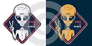 Alien showing peace sign colorful label