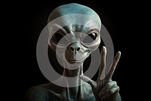 Alien is showing a peace sign with his hand