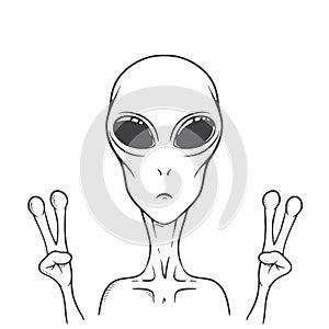 The alien shows peace sign