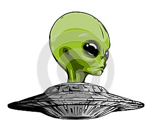 Alien is sitting in a flying saucer.Hand drawn style.Space scientific vector illustration