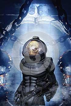 Alien soldier in spacesuit