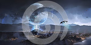 Alien spacecraft appeared over ancient cities,Science fiction illustration photo