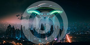 Alien spacecraft hovering above a city skyline at night Generative AI