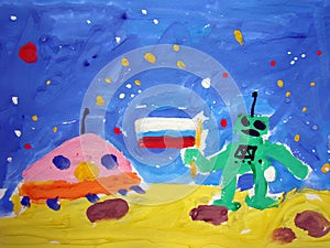 Alien spacecraft on Moon - painting by child