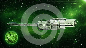 Alien spaceship in deep space with planet and stars in the background, UFO spacecraft flying in the Universe, side view, 3D render