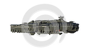 Alien spaceship in flight, UFO spacecraft isolated on white background, side view, 3D rendering