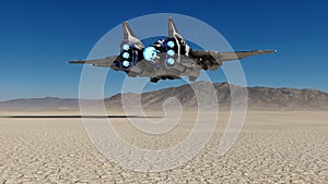 Alien spaceship flying over a deserted planet with blue sky in the background, sci-fi scene, 3D render