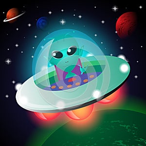 Alien in spaceship flying over green planets. Vector cartoon illustration