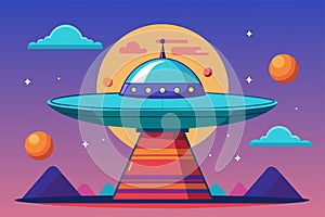 Alien spaceship hovers in sky with mountains in background, Alien spaceship Customizable Semi Flat Illustration