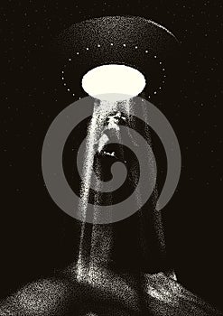 Alien spaceship kidnapping a human with the abduction ray. Retro styled poster with woman or man taken by the ufo or