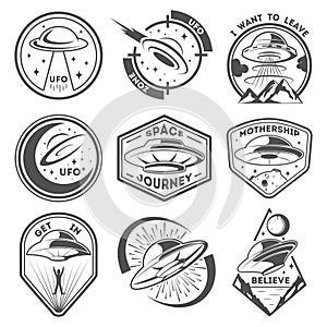 Alien spaceship, spacecrafts and ufo emblems set. Cosmic ship in form saucer for transportation. Monochrome UFO badges