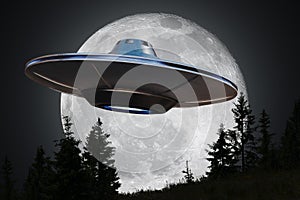 Alien spaceship UFO is flying at night. Moon in background.