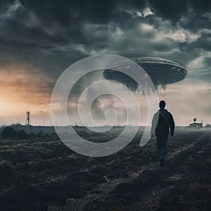 Alien spaceship (UFO) hovering over the field. Generative AI.
