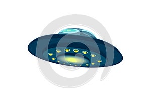 Alien spaceship, ufo isolated on white background. Vector cartoon illustration of futuristic unidentified round flying saucer.