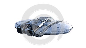 Alien spaceship, UFO spacecraft in flight isolated on white background, rear view, 3D rendering