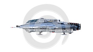 Alien spaceship, UFO spacecraft in flight isolated on white background, side view, 3D rendering