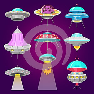 Alien spaceships, set of UFO unidentified flying object, Fantastic rockets, Cosmic spacecrafts in universe space. vector