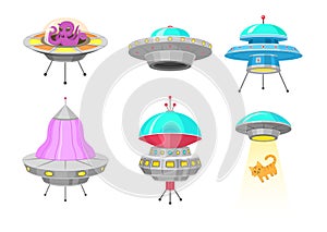 Alien spaceships, set of UFO unidentified flying object, Fantastic rockets, Cosmic spacecrafts in universe space. vector