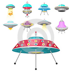 Alien spaceships, Set of UFO unidentified flying object, Fantastic rockets, Cosmic spacecrafts in universe space. Vector