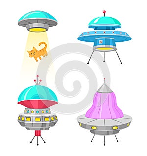 Alien spaceships, Set of UFO unidentified flying object, Fantastic rockets, Cosmic spacecrafts in universe space. Vector