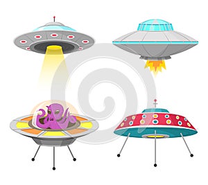 Alien spaceships, set of UFO unidentified flying object, Fantastic rockets, Cosmic spacecrafts in universe space. vector