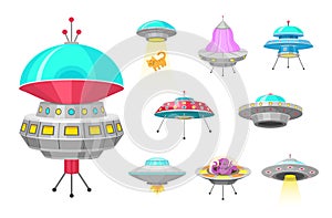 Alien spaceships, set of UFO unidentified flying object, Fantastic rockets, Cosmic spacecrafts in universe space. vector