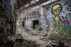 alien street artist creating piece on the wall of a derelict factory