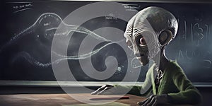 Alien student sits at table against blackboard with notations. Alien demonstrates commitment to assimilating knowledge