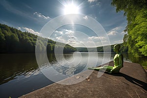 alien sunbather taking in the rays of the warm sun, with beautiful view of a peaceful lake