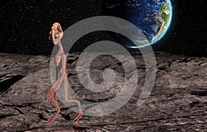 Alien on the surface of the moon and the planet Earth on a background. 3D rendering