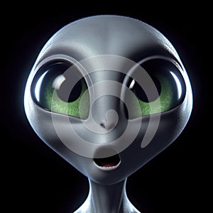 Alien surprised with big green eyes with open mouth on solid black background. ai generative