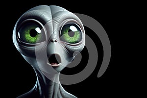 Alien surprised with big green eyes with open mouth on solid black background. ai generative
