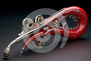 Alien trumpet - like instrument with vibrant red tentacle - like appendages instead of traditional valves, each appendage creating