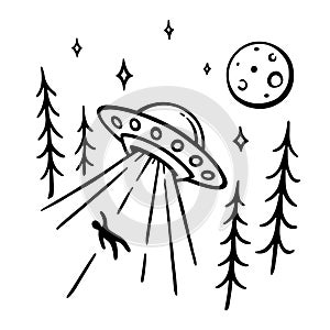 Alien UFO abduction doodle drawing