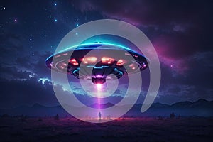 alien ufo abduction lit up in the night. ai generative