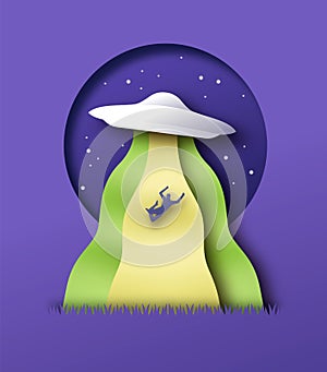 Alien ufo abduction at night paper cut concept