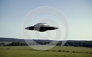 Alien UFO flying over a field.