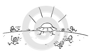 Alien UFO Landing , Vector Cartoon Stick Figure Illustration