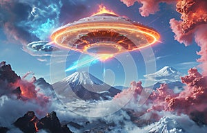 Alien UFO saucer flying over Mount Fuji,Alien invasion of Earth