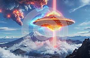 Alien UFO saucer flying over Mount Fuji,Alien invasion of Earth