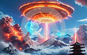 Alien UFO saucer flying over Mount Fuji,Alien invasion of Earth