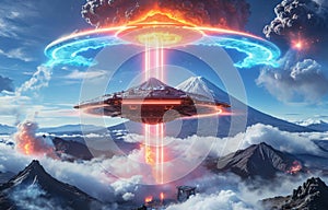 Alien UFO saucer flying over Mount Fuji,Alien invasion of Earth