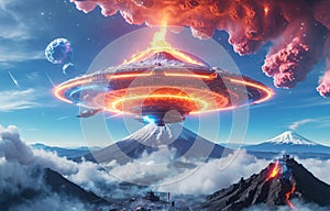 Alien UFO saucer flying over Mount Fuji,Alien invasion of Earth